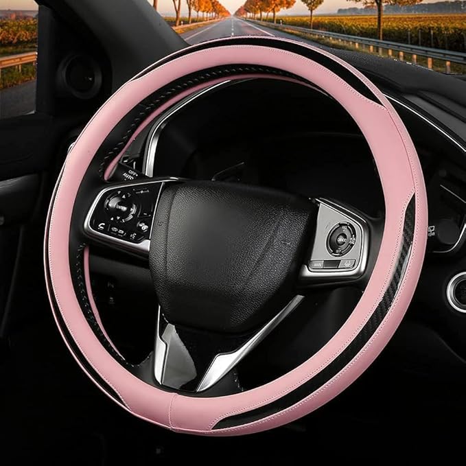 New Leather Car Steering Wheel Cover, Non-Slip Car Wheel Cover Protector Breathable Microfiber Leather Universal Fit for Most Cars