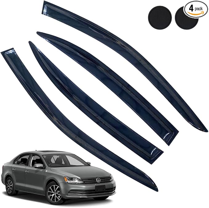 Rain Guards for Volkswagen (VW) Jetta 2011-2018, Tape-on Side Window Deflectors for Volkswagen Jetta, Window Visors for Volkswagen Cars, for Volkswagen Car Accessories 4 Rain Guards ＆ 2 Car Coasters
