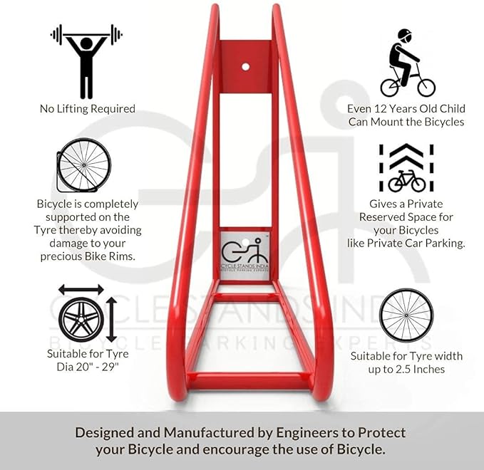 Bike Wall Mount Vertical Hanger for Home Space Saving Bike Rack Storage Mount for Garage or Home, Bicycle Holder for Mountain Bikes Road Bikes Holds up to 77lbs, Red,Pack of 1