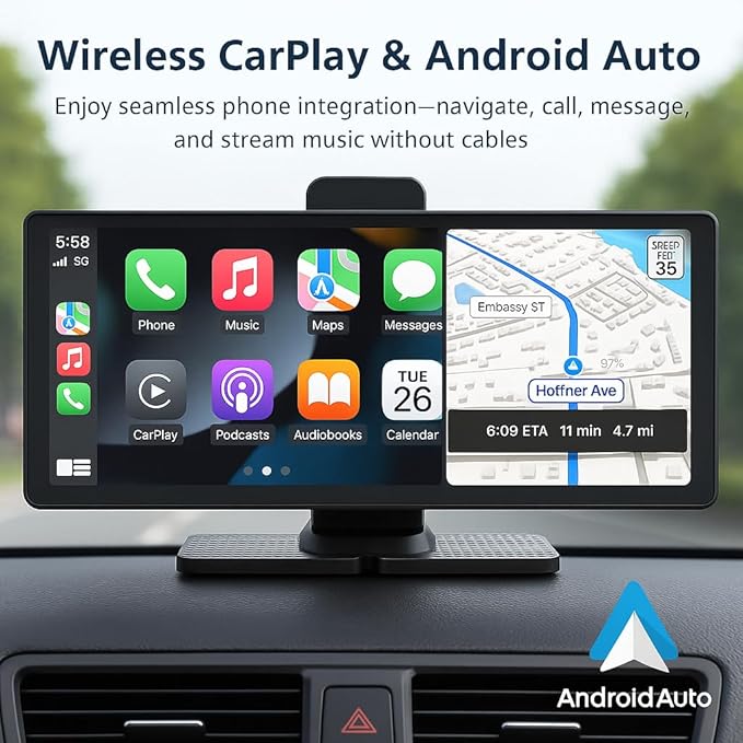 Portable Apple CarPlay & Android Auto – 10.26" Wireless Car Stereo, 4K Dash Cam, 1080P Backup Camera, Voice Control, GPS Navigation, Bluetooth, Mirror Link, Portable Touchscreen Display