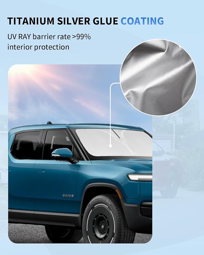 Sunshade for Rivian R1T Windshield Sun Shade Custom Fit for 2022 2023 2024 2025 Rivian R1T Truck Accessories Windshield Cover, 4-Layer Car Front Window Sun Visor Shield Foldable Protector Block UV Ray