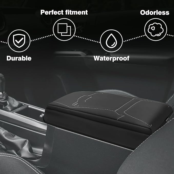 Muslogy Center Console Armrest Cover Compatible with 2024+ Toyota Tacoma 2025+ 4Runner Accessories Armrest Lid Protector Vegan Leather Cushion 1-Inch Extra Thick(Black/Gray Stitching)