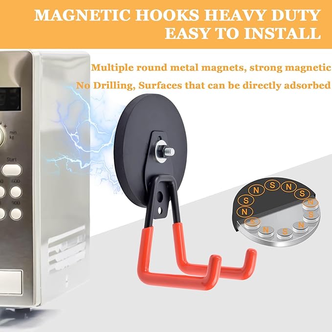 Strong Garage Magnetic Hooks, 45 lbs Pulling 3.46" Large Magnet Hooks for Hanging Heavy Duty, 2 Pack Extra Strong Magnetic Hooks with Anti-Slip Coating, for Cordless Drills, Pegboard, Cruise Cabin