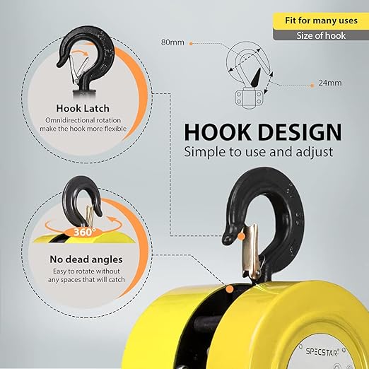 SPECSTAR Hand Chain Hoist 1 Ton 2200 Lbs Capacity 10 Feet with 2 Heavy Duty Hooks, Manual Chain Fall for Warehouse Building Automotive Machinery Yellow