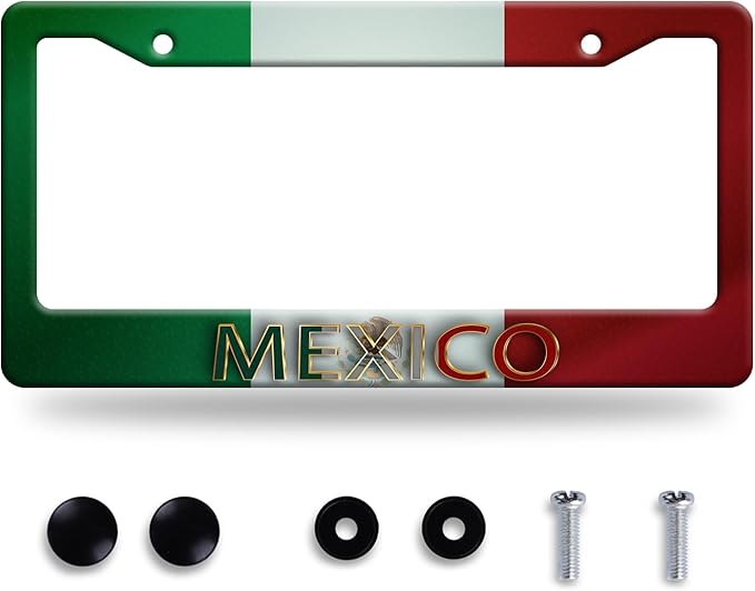 Mexico Flag License Plate Frame Personalise Mexican Funny License Plate Stainless Steel Flag License Plate Holder Car Accessory with Screws Car Decoration 12.3" x 6.3" for Men Women