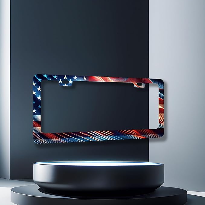 Patriotic American Flag License Plate Frame USA License Plate Stainless Steel Funny Accessories Cars Decor 12.2 X 6.2 Inch with 2 Holes and Screws Fits Standard Us Ca Vehicles