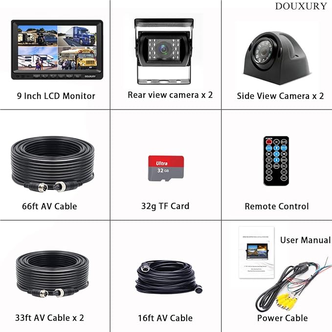 Backup Camera System with 9'' Quad Split 1080P Monitor for RV Trailer Semi Truck Camper Bus & 4 AHD Rear Side View Camera with DVR Record Function Night Vision IP69 Waterproof Avoid Blind Spot DOUXURY