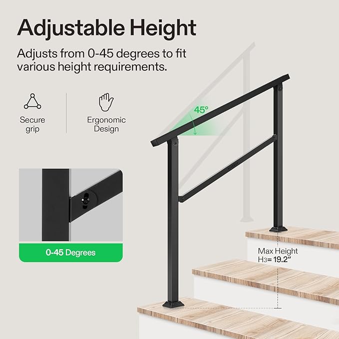VIVOSUN Outdoor Handrail, 3 Step Stair Handrail, 40" x 36" Fits 1 to 3 Steps, Wrought Mattle Iron Handrail for Concrete Steps, Porch Steps, One-Step Assembly, Black