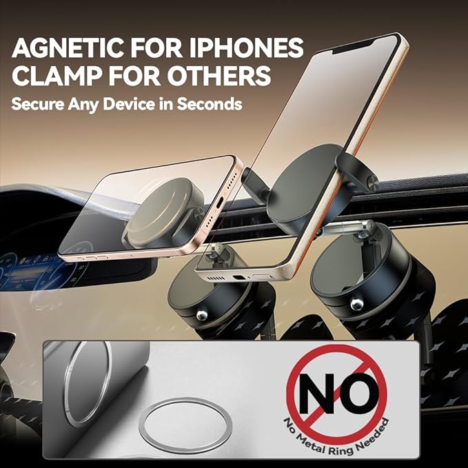 2025 Upgraded Foldable 2-in-1 Clip & Vacuum Magnetic Suction Car Phone Holder Mount, 360° Adjustable Universal Dashboard & Windshield Stand for iPhone 16/15/14/13/12 & Android Phones (Black)