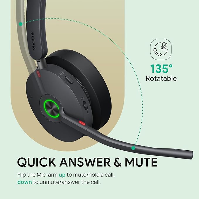 Yealink BH74 with Stand ANC Wireless Bluetooth Headset with Mic for Work, 6-mics Hybrid ANC Tech, Microsoft Teams Premium Open Ofﬁce Certified Headsets, up to 32h Talking Battery Life, Zoom Certified