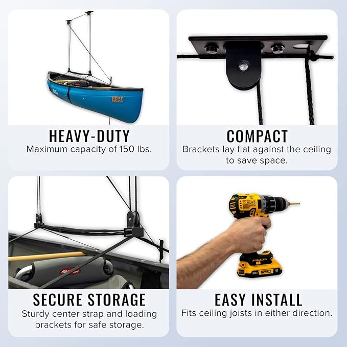 StoreYourBoard Ladder Storage Ceiling Pulley System, Garage Mount Hoist, Heavy Duty Hanging Organizer Holds 150 lbs