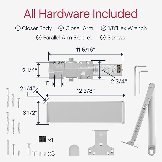 Lawrence Extra Heavy Duty Door Closer Commercial Grade 1 - Adjustable 6-Speed Delayed-Action Door Control with 3 Pistons – Flexible Installation with Included Hardware - Embassy Series LH8016
