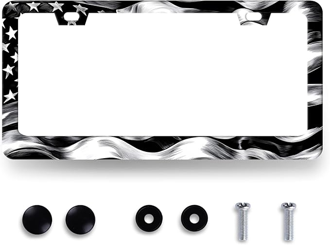 Black White American Flag License Plate Frame Patriotic USA Flag License Plate Stainless Steel Funny Black Accessories Cars Decor 12.2 X 6.2 Inch with 2 Holes and Screws Fits Standard Us Ca Vehicles