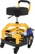 Rolling Shop Stool with Wheels, Heavy Duty Garage Work Mechanic Stool with Backrest, Adjustable Height 360°Swivel Rolling Chair with Tool Tray Storage, 330 LBS Capacity, Yellow