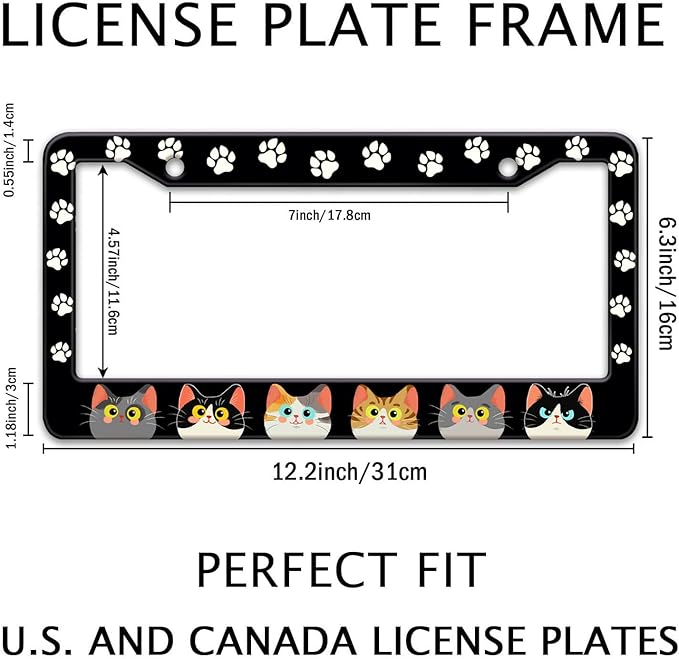 Cats Paw License Plate Frame, Cute Cartoon Cat Animal License Hloder Covers Tag, Metal Aluminum Rustproof Car Accessories for Us Canada Standard Women Men 2 Holes with Screw Caps