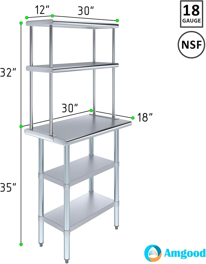 AmGood Stainless Steel Work Table with 2 Shelves | NSF (18" x 30" Table with 2 Shelves + 12" Overshelf)