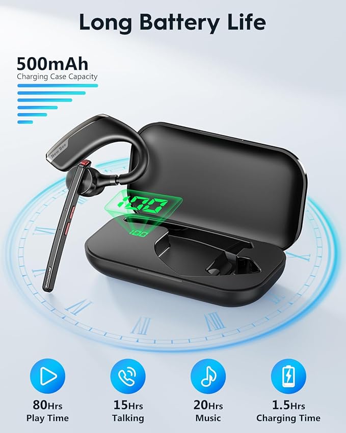 New bee Bluetooth Headset, Wireless Bluetooth Earpiece for Cellphone with 500mah Charging Case 80h Playtime V5.2 Dual Mic Noise Cancelling Hands-Free Earphones for Office Driver