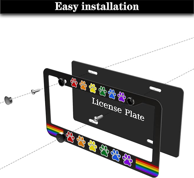 License Plate Frames for Women Multicolor License Plate Holder for Men Gay Rainbow Paw Universal Aluminum Car Accessory 2 Pack with Screw Covers Set