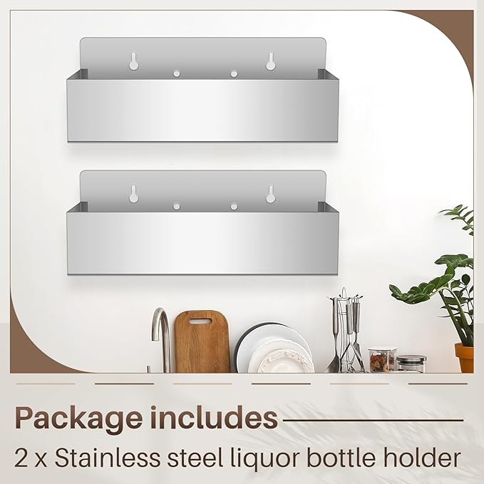 Tanlade 2 Pieces 15 Inch Single Speed Rail Stainless Steel Liquor Bottle Holder Wall Mounted Spray Bottle Rack Drink Rail Shelf for Bars, Silver