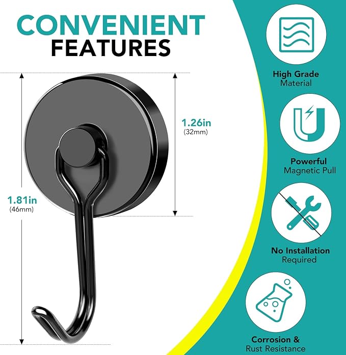 DIYMAG Black Magnetic Hooks, 110LBS Strong Magnetics Heavy Duty, Cruise Ship Essentials Magnets with Metal Hook for Hanging Refrigerator Home Kitchen Office, 8Pack