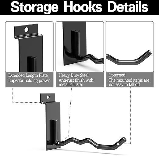 3-H Black Steel Slatwall Hooks, 10 Pack, 4.7 Inch, Heavy Duty, Wave Shape, Proslat Accessories, Retail Display