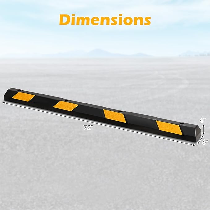 Rubber Parking Curb Garage Floor Stopper, 72" Heavy Duty Parking Lot Stopper with Yellow Reflective Stripes, Guide Wheel Stopper for Car, Truck, RV, Trailer, Driveway (1 Pack