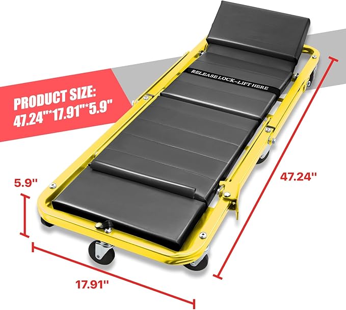 DNA MOTORING 48" 2 IN 1 Folding Rolling Garage Shop Creeper Roller Seat, 7 Pcs 2" Casters, 350 Lbs Weight Capacity, Yellow, TOOLS-00193-YL