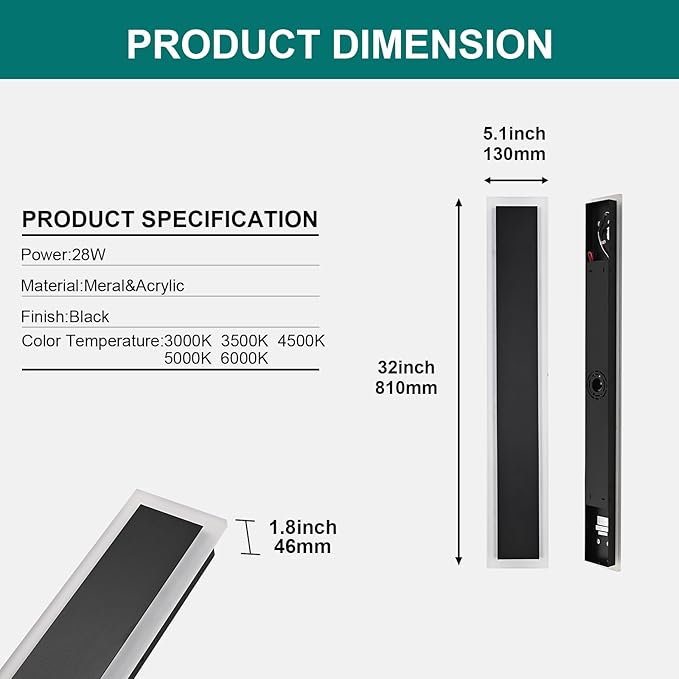 2 Pack Outdoor Wall Light for Porch,32 inch Modern Led Long Wall Lights Fixture,Dimmable Exterior Linear Lighting for House,Outside LED Long Lights for Patio,Garage