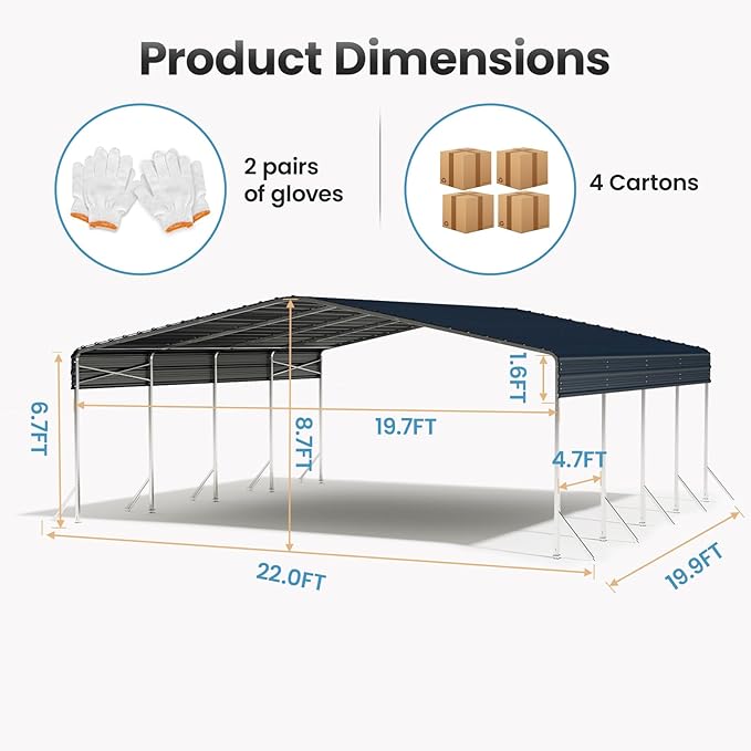 20x20ft Heavy Duty Metal Carport – Outdoor Galvanized Garage, Sturdy Structure, All-Weather Protection, Easy Assembly for Cars, Trucks, Boats, Tractors, and Outdoor Storage (Grey, 20x20FT)