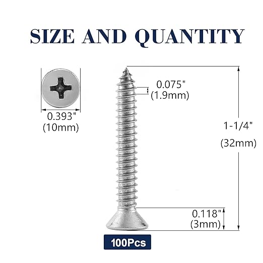 #12 x 1-1/4" Wood Screw 100Pcs 18-8 (304) Stainless Steel Screws Flat Head Phillips Fast Self Tapping Drywall Screws by SG TZH