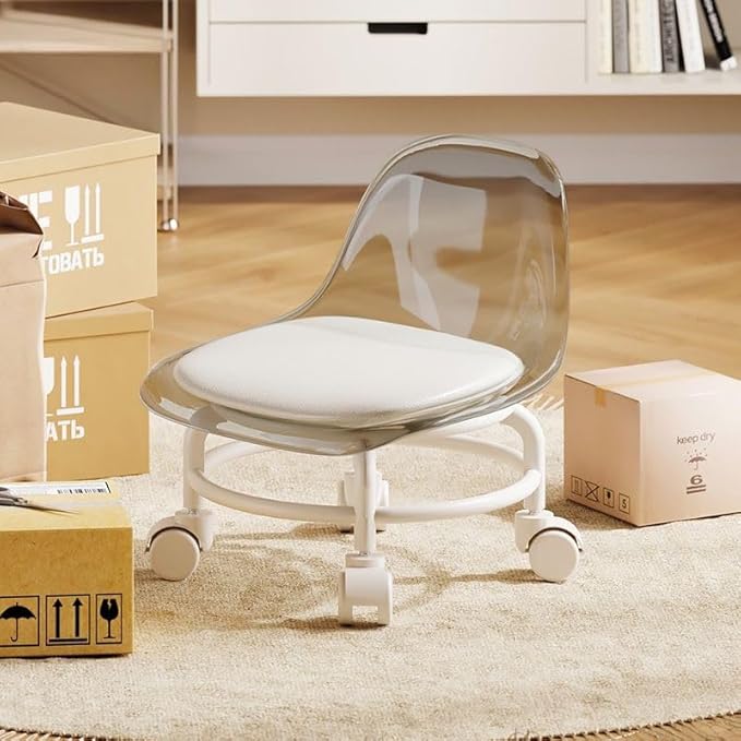 Low Rolling Stool with Wheels,Mini Rolling Garage Stool with Back Support,360° Rotating Floor-Friendly Wheels for Home, Office,Garage & Salon (Transparent Gray)