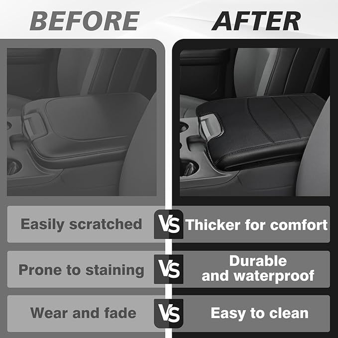 Muslogy Center Console Armrest Cover Compatible with Dodge Ram 1500 2013-2018 & 2013-2025 Ram 2500/3500 Comfort Armrest Pad Arm Rest Cushion Vegan Leather Protector Regular Thick(Jump Seat ONLY)