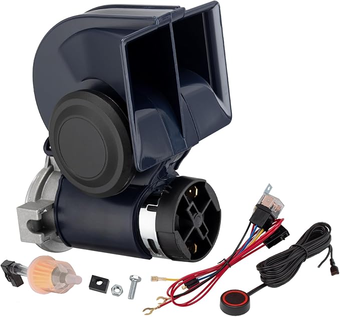 Air Horn 12V 150DB Loud Train Horn kit for Car Truck Motorcycles,Boat Airhorn Loud Truck Horn (blue horn with wire and button, 12v)