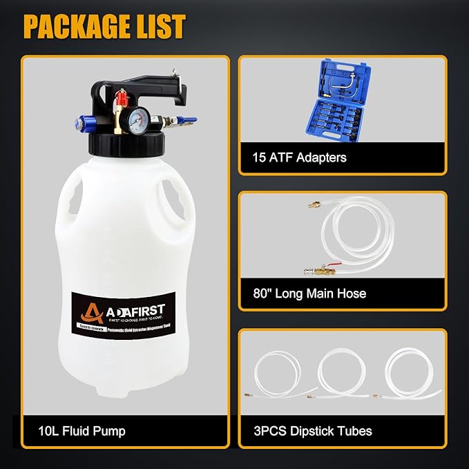 Transmission Fluid Transfer Pump Kit, 10L Pneumatic Fluid Extractor and Dispenser Tool with Adapter for ATF Fill, Gear Oil Refill, Differential Oil, Garage and Shop Fluid Evacuator and Filler