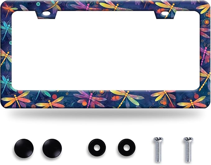 Dragonflies License Plate Frame Funny Dragonfly License Plate Frames Stainless Steel Accessories Cars Decor with 2 Holes and Screws Fits Standard Us Ca Vehicles License Plate Holder 12.2 X 6 Inch