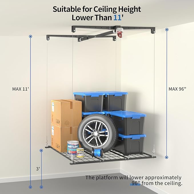 Overhead Garage Storage Rack, Heavy-duty 4x4 Ft Ceiling Storage Racks with Safety Lock, Ideal for Garage Storage Mounted Lift System and Storage Organizer, 250lbs Capacity