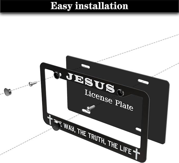 License Plate Frames Black and White Car Plate Frames Jesus The Way The Truth The Life Universal Aluminum Car Accessory 2 Pack with Screw Covers Set