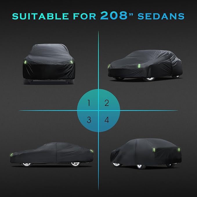 Car Cover Waterproof All Weather for Automobiles, Size A4 Universal Fit for Sedan Dodge Charger, Lincoln mkz, Hyundai Genesis, Ford Taurus, Buick Lacrosse, Mercedes Benz S-Class etc.(199 to 208 inch)