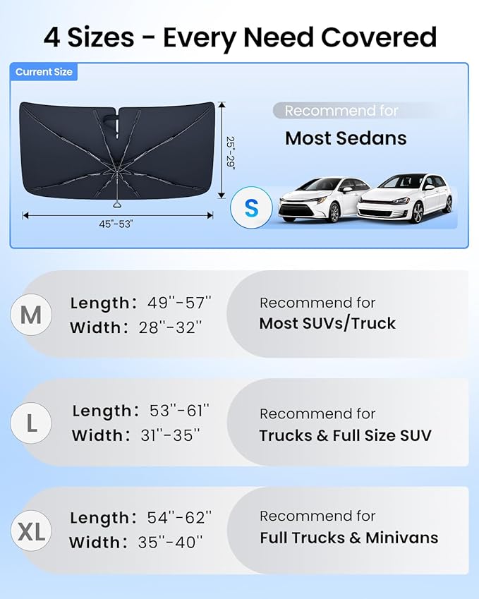 REEVAA 2025 Upgraded Car Windshield Sun Shade Umbrella [100% Sun Protection & Keep Cool] Protect Interior, 360° Flex Handle Sun Shield Sunshade, Small (53''x29'') for Sedans