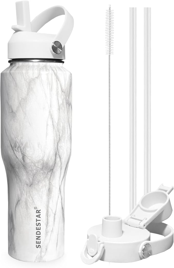 SENDESTAR 32oz Water Bottle Wide Mouth Stainless Steel Vacuum Insulated Double Wall with 2 Straw Lids Fit in Any Car Cup Holder TXIN-32-Marbling