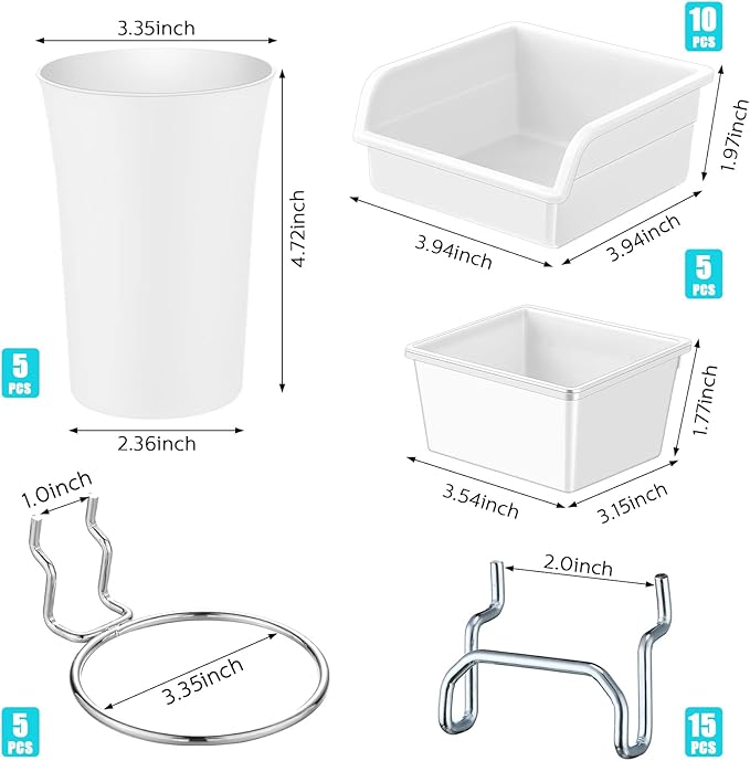 Yookeer 20 Pcs Pegboard Bins and Cups with Hooks and Loops Peg Assortment Organizer Accessories Various Tool Organizer Pegboard Baskets Set for Garage Workshop Workbench Office(White)