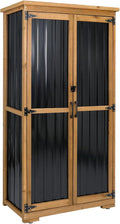 Outdoor Storage Cabinet Wood & Metal, Tall Tool Shed with Weatherproof, Double Lockable Doors, Removable 3 Shelves, Adjustable Feet for Patio, Garden, Backyard, Lawn, 32" x 15.5" x 66" (Brown)