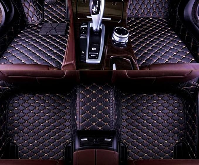 Custom All-Weather Protection Leather Car Floor Mats for Cars Sedan SUV Sports Car Waterproof Floor Mat (Black Gold)