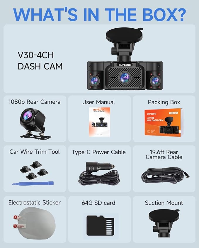 Dash Cam Front and Rear, 360 Dgree View 4 Channel Dash Camera for Cars 2K FHD, Mini Dashcam Built-in WiFi, Car Camera with 64GB Card, Voice Control, Night Vision,WDR,24/7 Parking Mode, V30-4CH