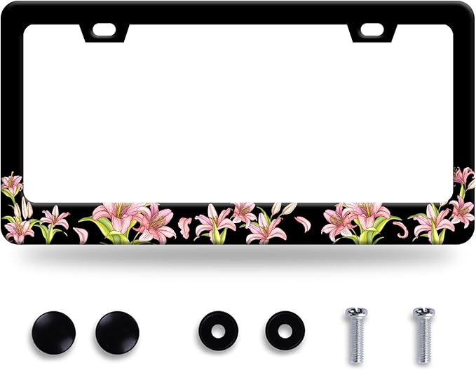 Pink Lily License Plate Frame Beautiful Floral Flower License Plate Stainless Steel Funny License Plate Decorative with Screws Size 12.3" x 6.3" Men Women