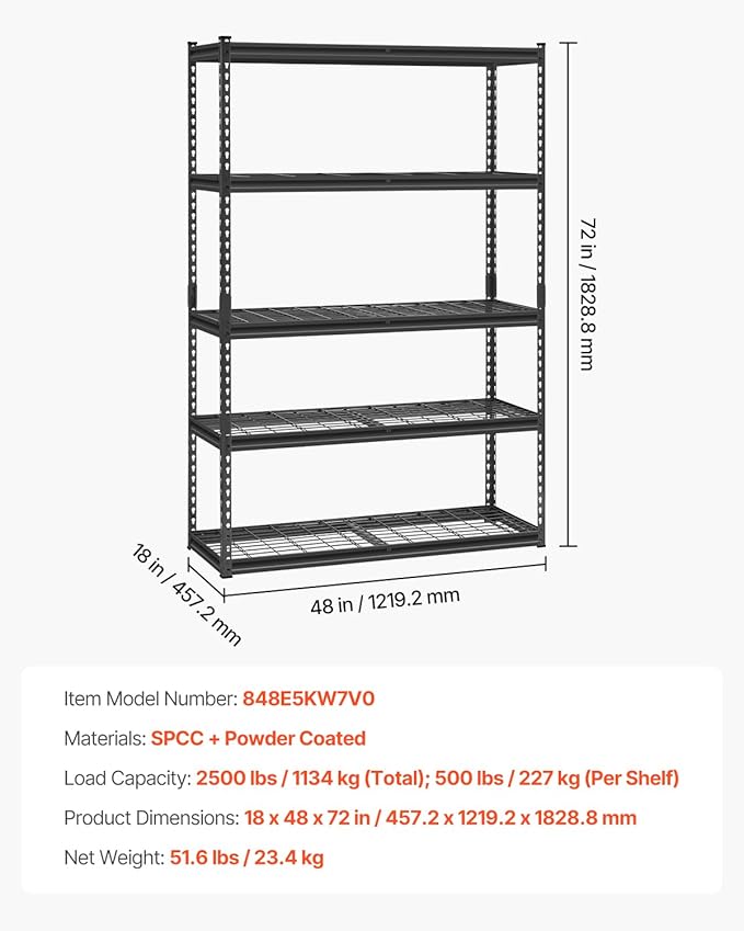 VEVOR Storage Shelves, 2500 lbs, 5 Tier Heavy Duty Garage Shelving, 18" D x 48" W x 72" H Adjustable Metal Shelves for Industrial Shelving Unit Utility Shelf, for Kitchen, Warehouse, Basement, Black