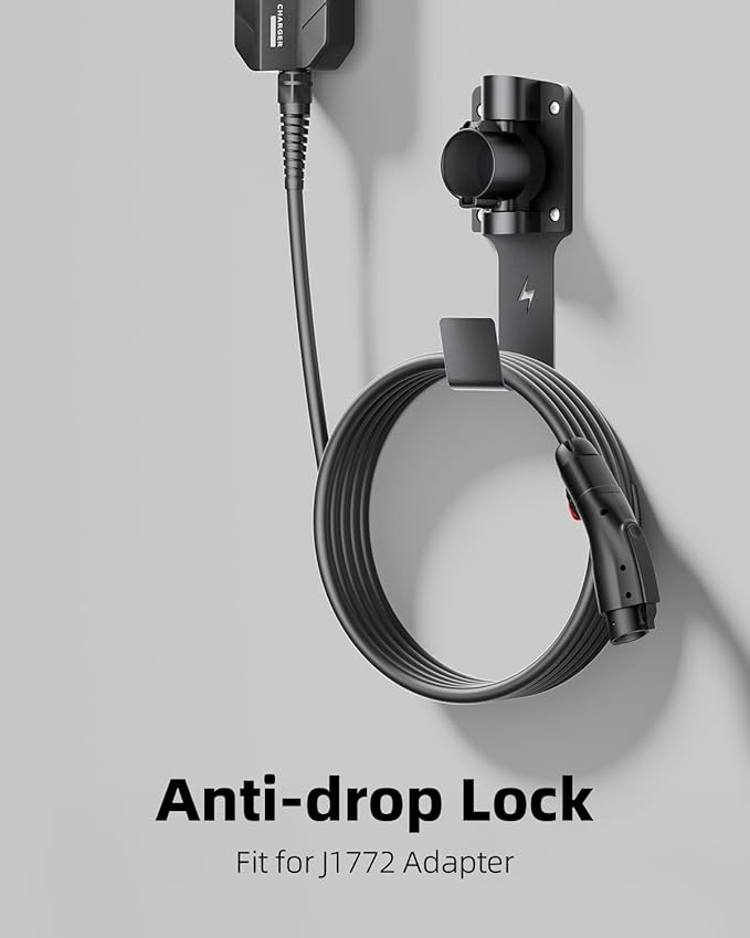 EV Charger Holder, with 180° Rotation Nozzle Dock, Metal J-Hook for SAE J1772 Charger Holder Organizer Wall-Mount Connector Electric Vehicle Charging Cable Car Accessories