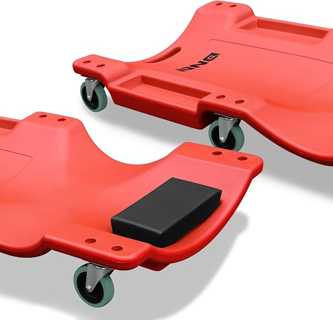 DNA MOTORING 40 Inch Mechanic Creeper, Blow Molded Low Profile Rolling Garage Creeper, w/Padded Headrest, Dual Tool Trays, 350lbs Capacity, Red, TOOLS-00005