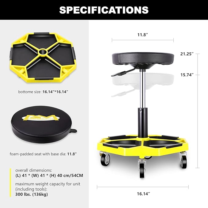 PM PERFORMOTOR Adjustable Height Pneumatic Garage Seat Rolling Mechanic Stool with Tool Tray Storage,300lbs Max Weight Capacity, Yellow,PM-TOL-ATS-YL
