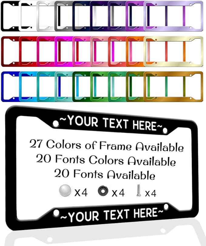 Personalized License Plate Frames Custom License Plate Holder 4 Holes Text Customizable Design Black Metal Chrome Car Tag Sign Funny Gift for Men Women Front or Back of Car Truck 6.3"x12.2"